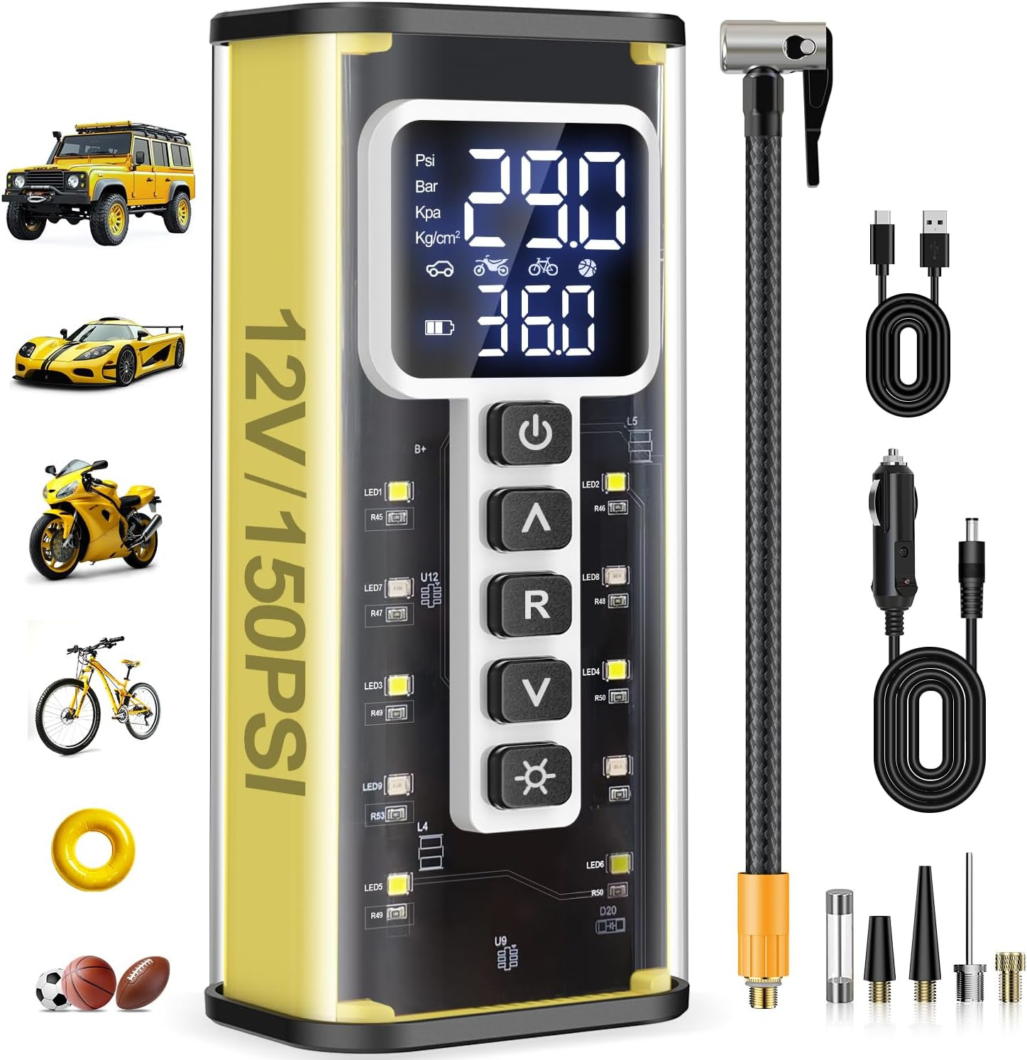 Compresor de aire eléctrico portátil para inflar neumáticos, 20 000 mAh