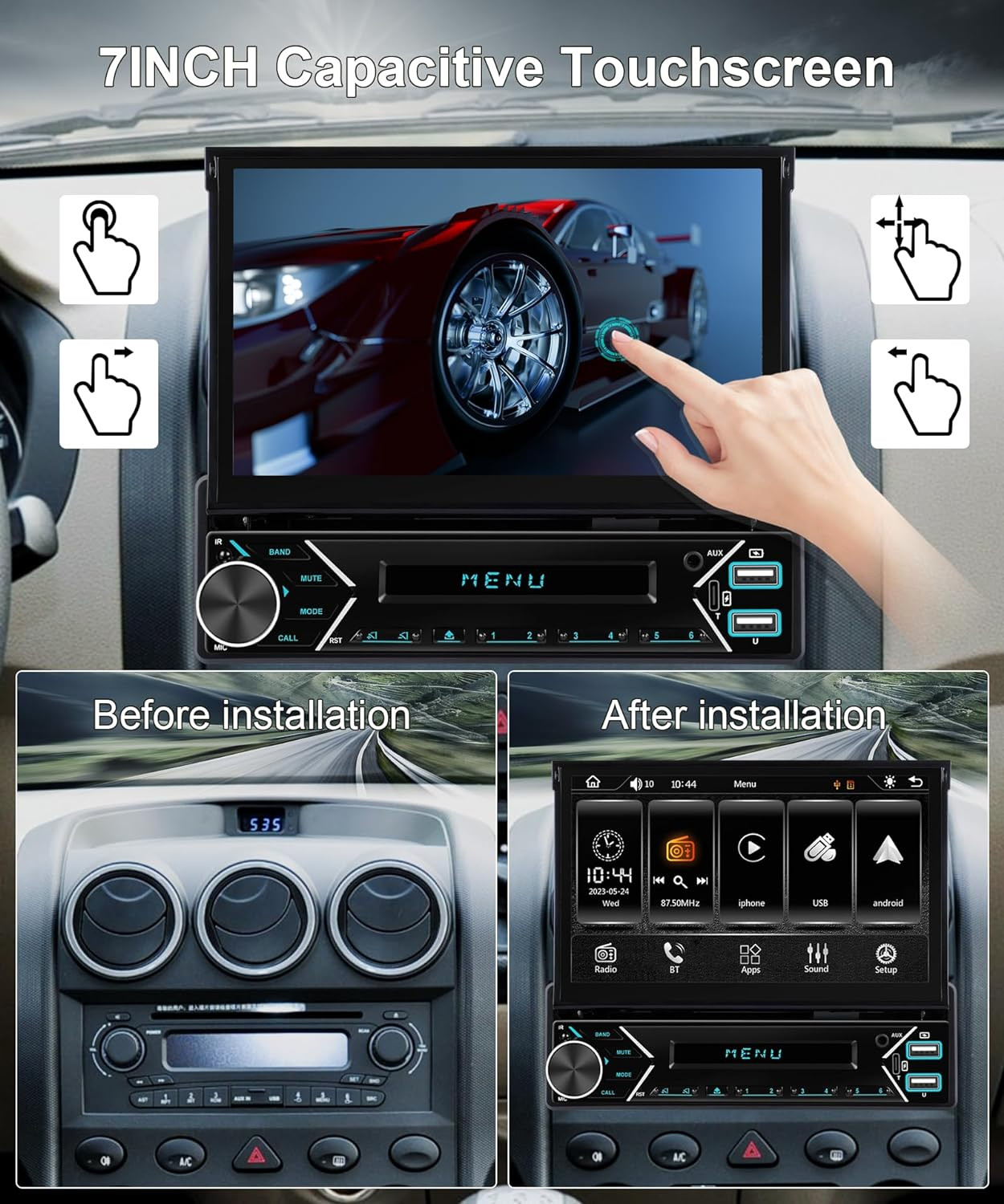 Estéreo de automóvil de un solo DIN compatible con Apple Carplay y Android  Auto, cámara de respaldo Bluetooth de 5.1 pulgadas, pantalla táctil