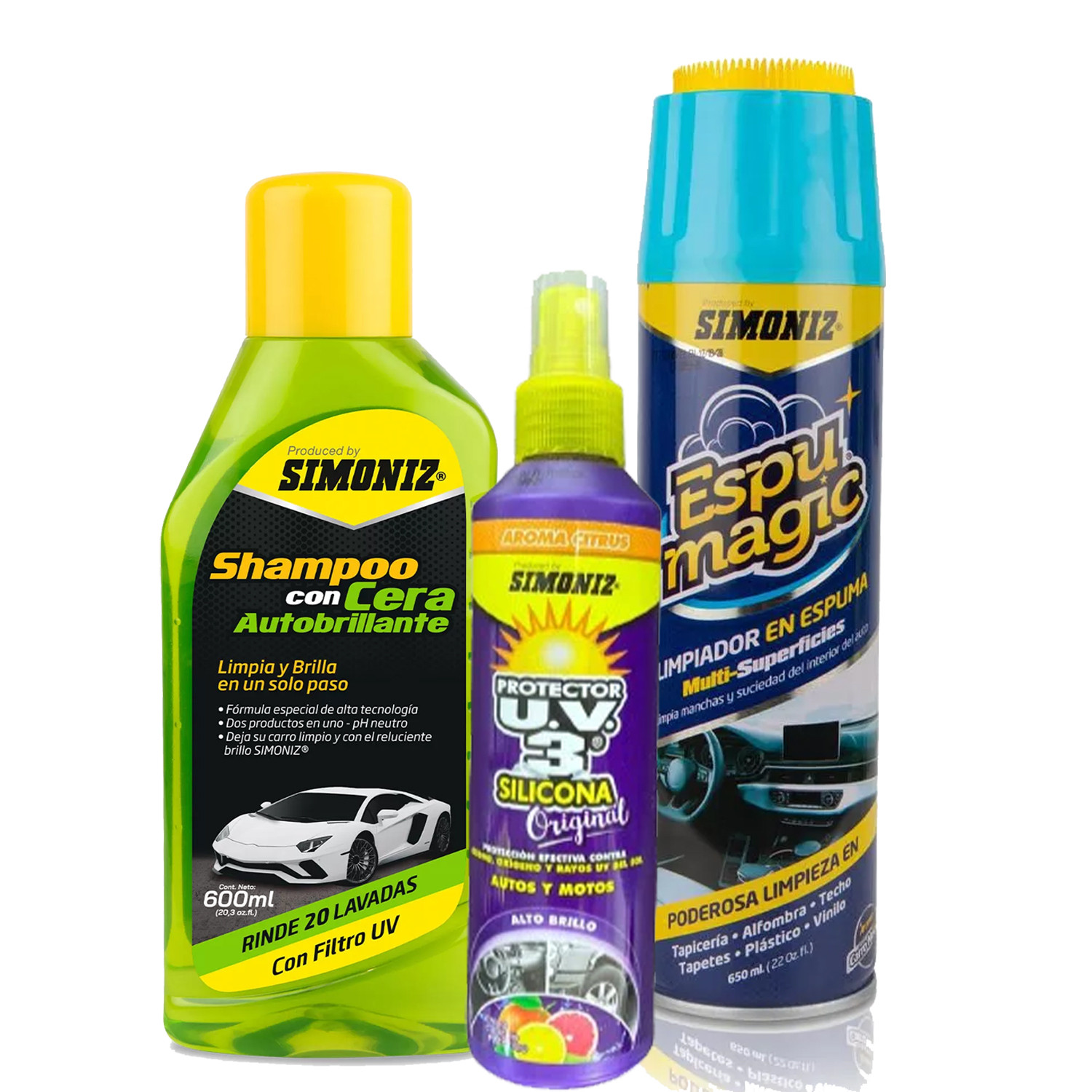 Kit Shampo con cera + limpiador multiusos + silicona para carro